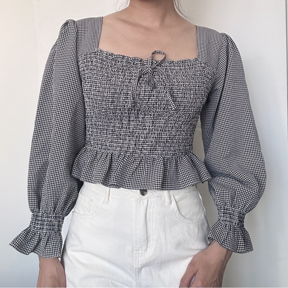 Smocked Gingham Peplum Top - Black/White